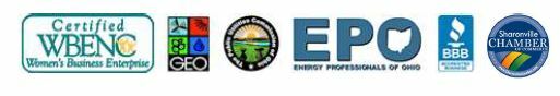 Logos for Women's Business Enterprise, GEO, the Public Utilities Commission of Ohio, EPO, BBB, and Sharonville Chamber